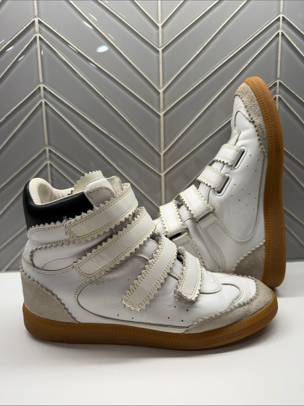 Isabel Marant White and Black High-Top Velcro Sneakers with Gum Sole